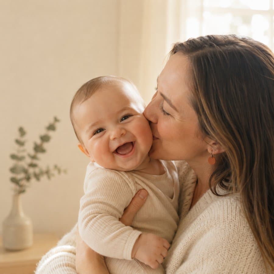 Una mamma bacia con affetto il suo bambino sorridente sulla guancia